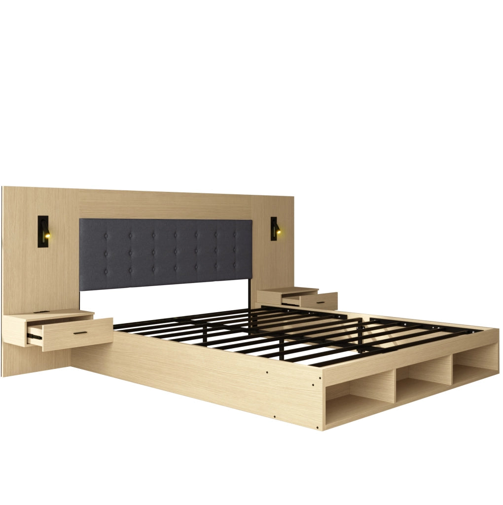 Letto matrimoniale 160x200 cm con comodini, luci orientabili e porte USB/Type-C