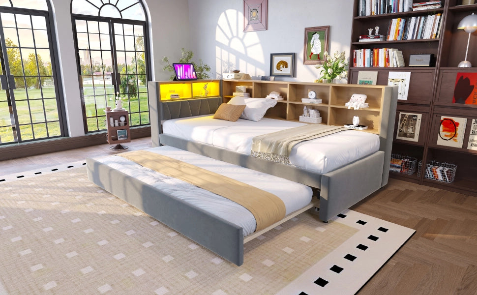 Divano letto multifunzionale 90x200 cm con letto estraibile 90x190 cm, LED, prese, vano contenitore, flanella grigio scuro