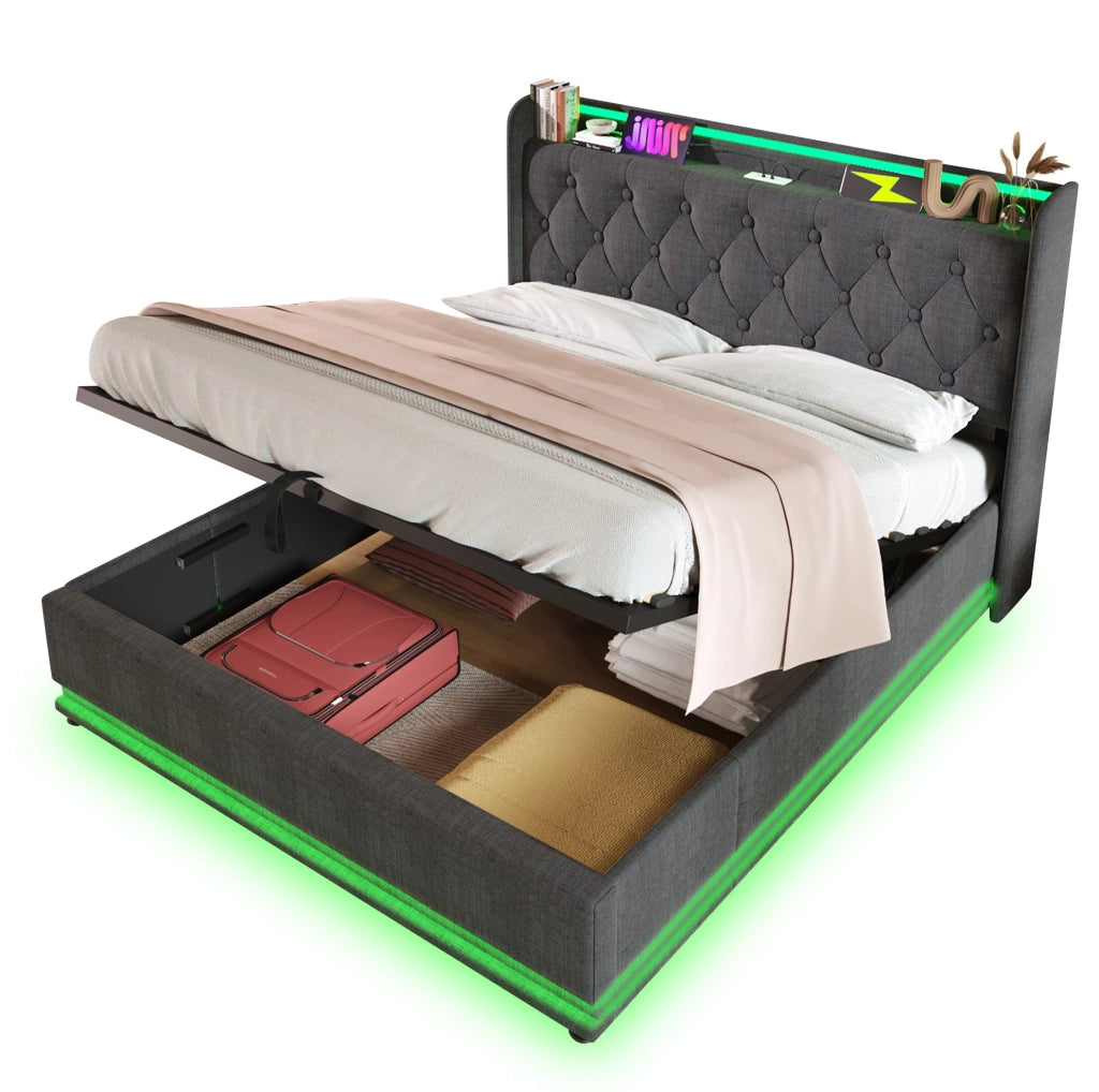 Letto matrimoniale 140x200 cm in lino grigio con LED; USB e contenitore idraulico