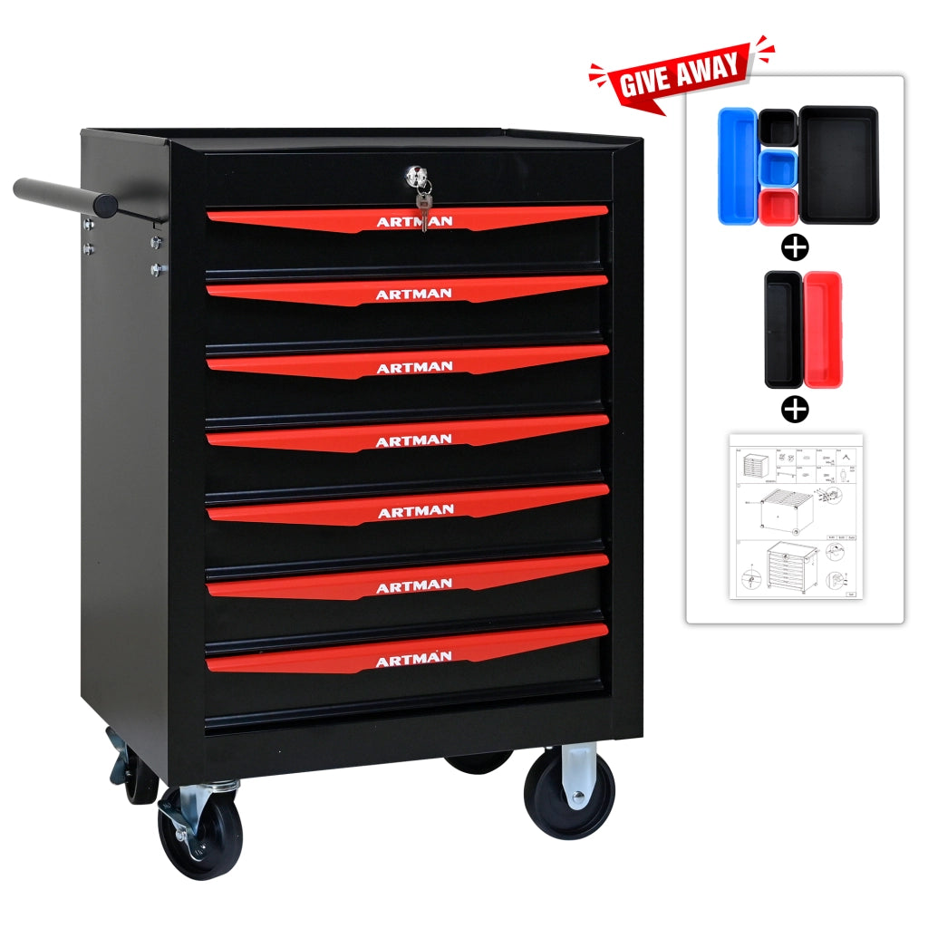 Mobile contenitore con 7 cassetti e serratura con guide a sfere; per garage e officina; in acciaio; nero rosso