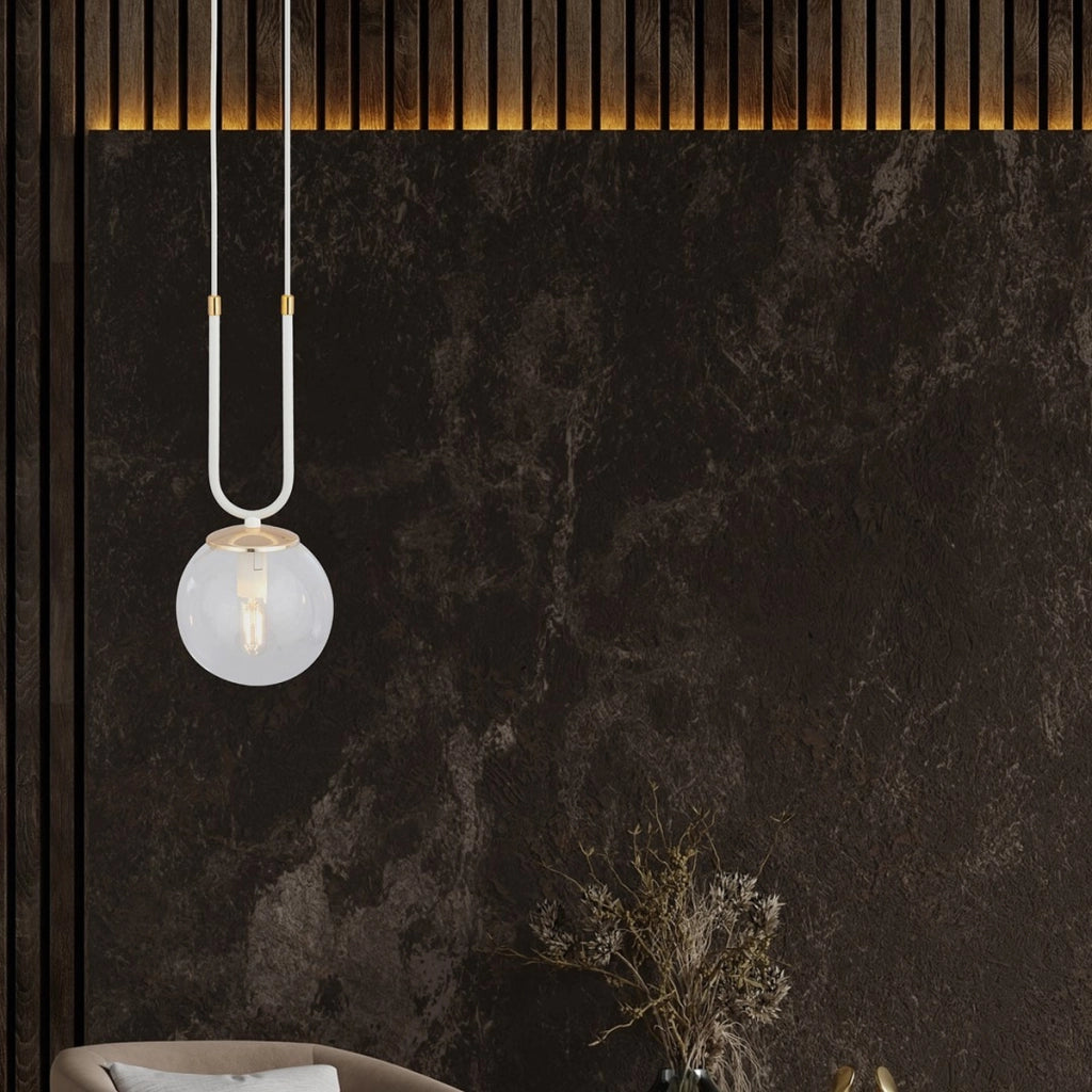 Lampada a sospensione GLAM in acciaio bianco con dettagli dorati
