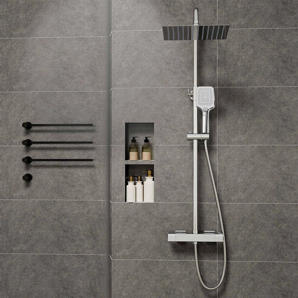 Grande soffione doccia 30x30cm con miscelatore termostatico e doccetta 25x10cm, cromo