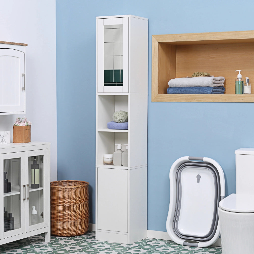 Colonna Bagno Salvaspazio in Legno con Specchio e Apertura a Pressione, 30x28x170cm, Bianco