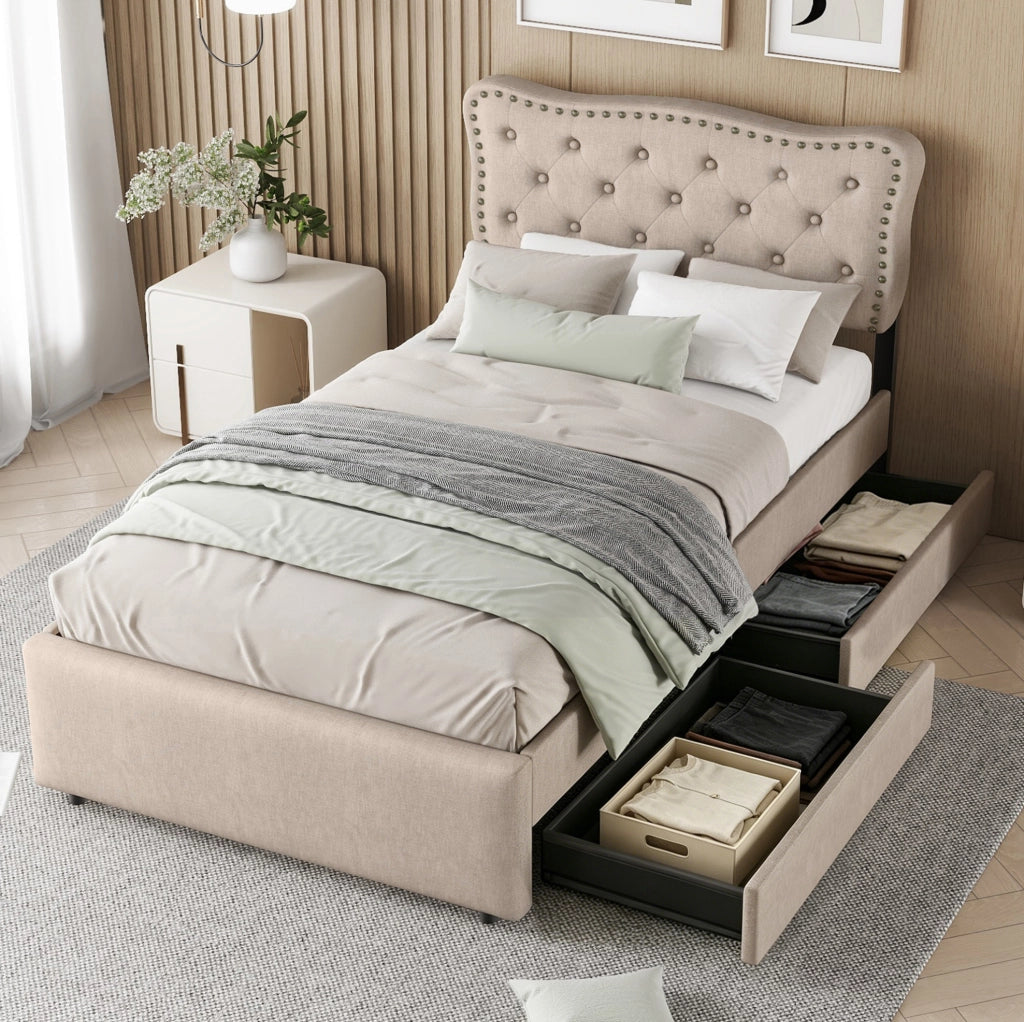 Letto imbottito 90 x 200 cm con cassetti e testiera regolabile