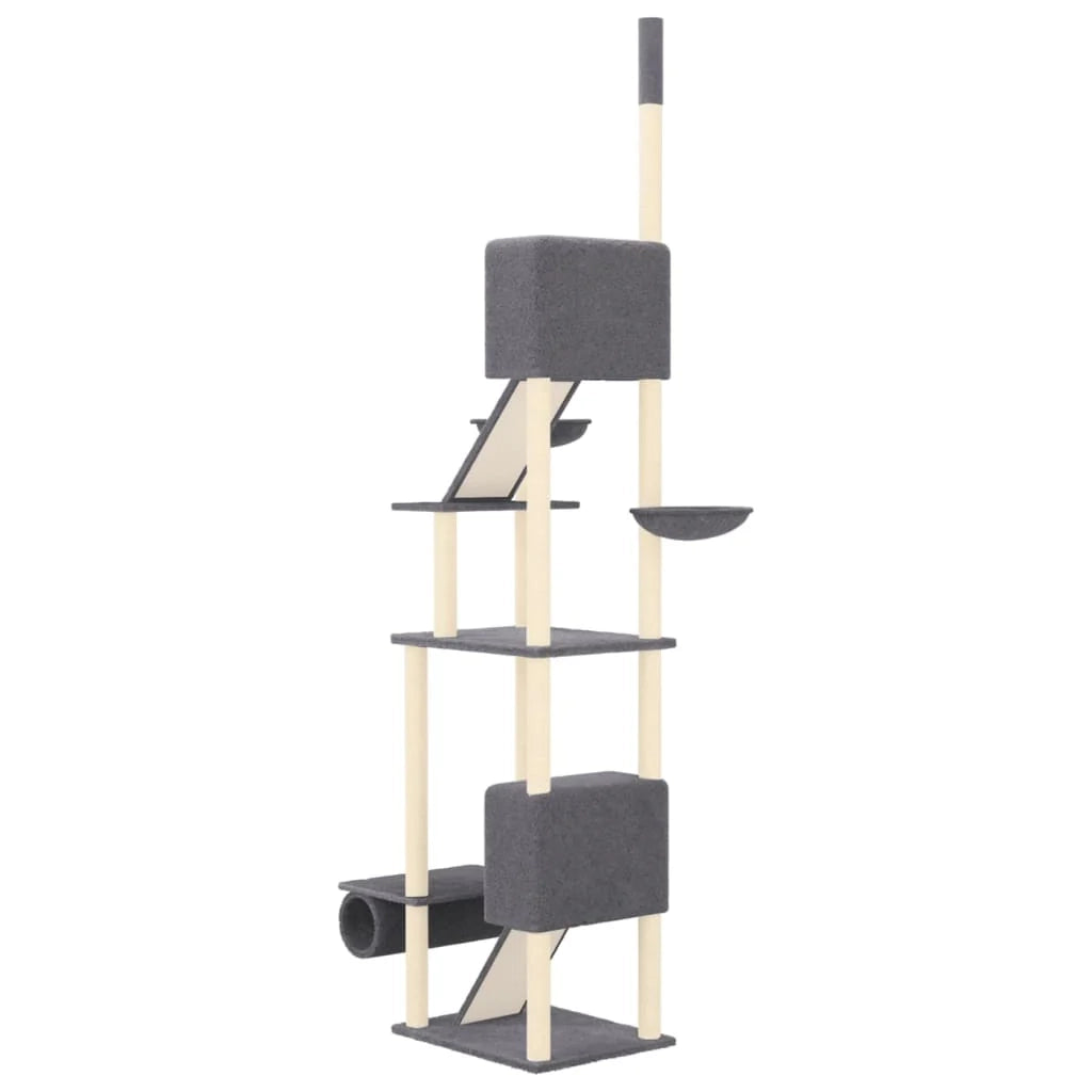 Tiragraffi per gatti mobile torre da arrampicata giocattolo tiragraffi piattaforma da arrampicata dal pavimento al soffitto scuro 277-303 cm grigio 02_0022762