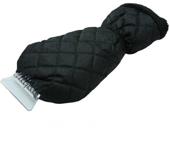 Manopola per parabrezza con raschietto, imbottitura riscaldata e cinturino elastico integrato; adatta per vetri e portiere di auto. Nera