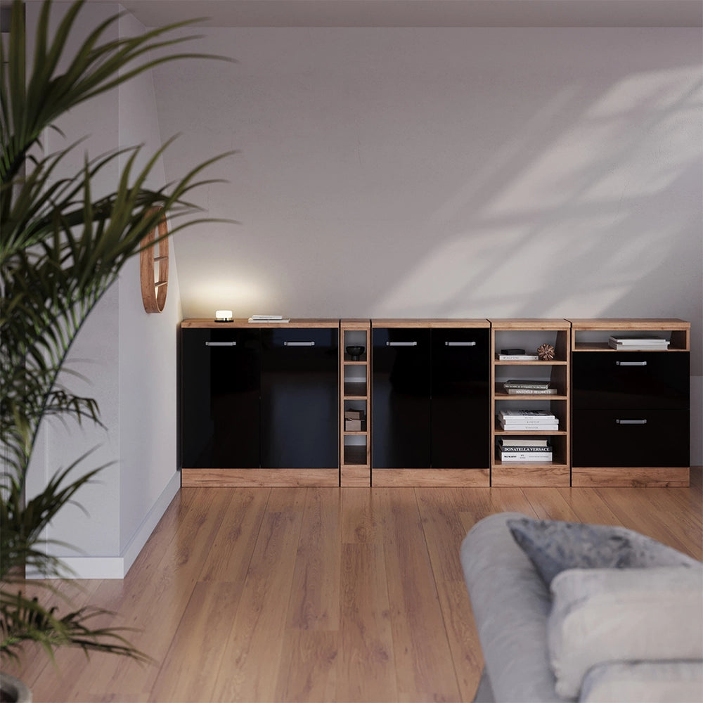 Mobile cucina sottotetto R-Line Nero lucido/Rovere dorato 60 cm con 2 porte, carcassa 60 cm profondità Vicco