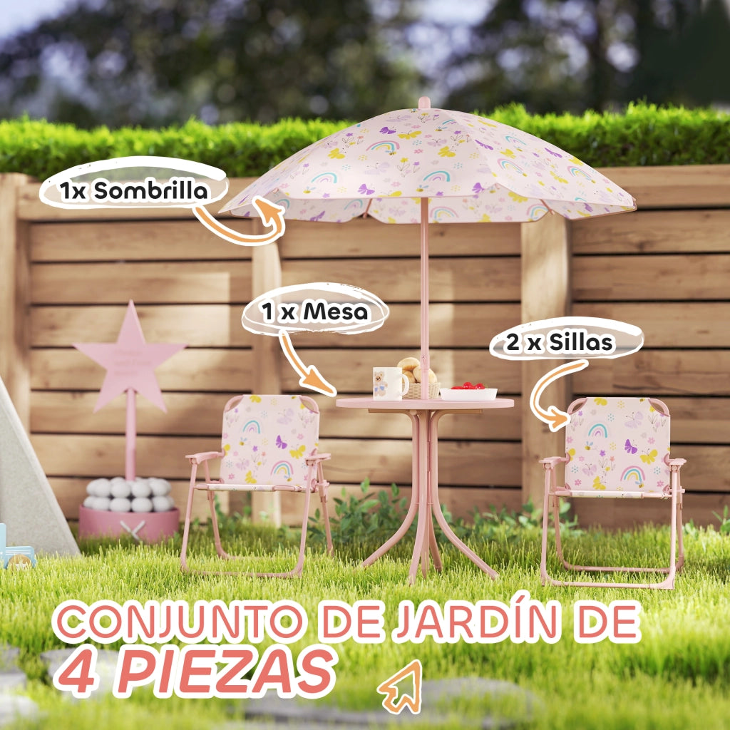 Set giardino pieghevole bambini con 2 sedie, tavolo e ombrellone ¨C zephmum ¨C rosa