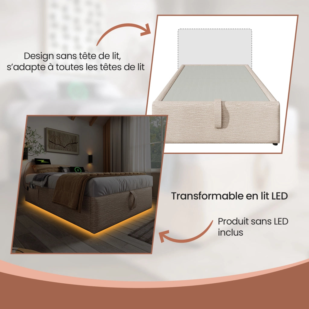 OKWISH Letto contenitore 90×190 cm, Letto Singolo con USB, Type C e contenitore con pistoni, senza Materasso, in Lino, Naturale