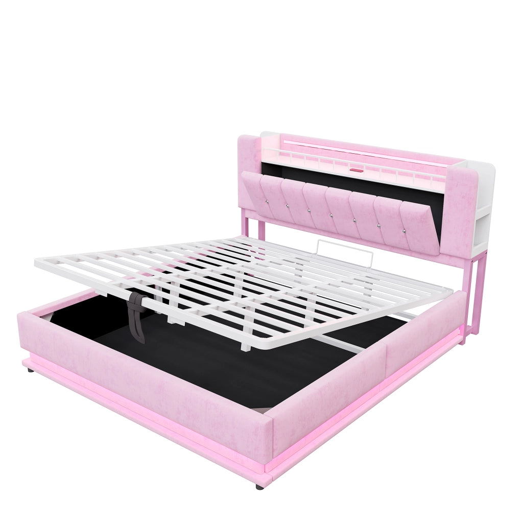 Letto imbottito matrimoniale 180x200 cm con LED, USB e contenitore, rosa