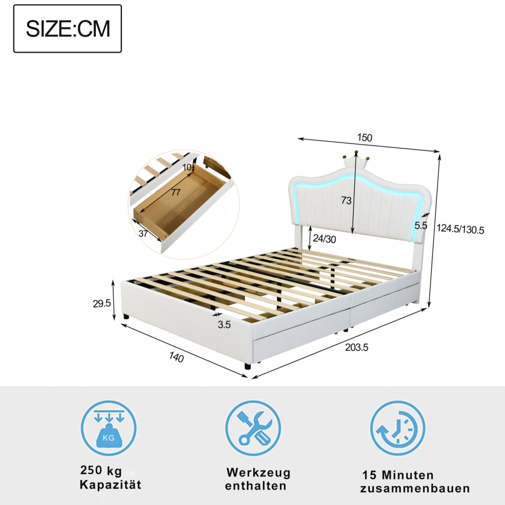 Letto imbottito 140x200 cm con cassetti contenitore; LED; PU bianco