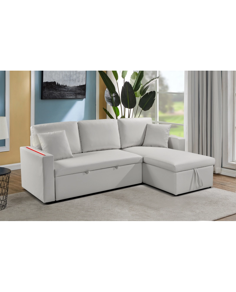 Divano letto contenitore, reversibile angolare, led, ecopelle bianco chaise longue Sicorage Tuky