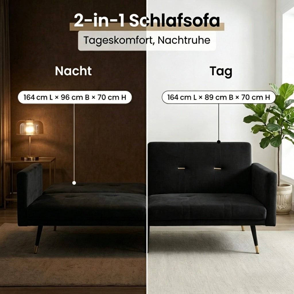 Divano letto 2 posti con schienale regolabile in velluto nero 164 × 89 × 70 cm
