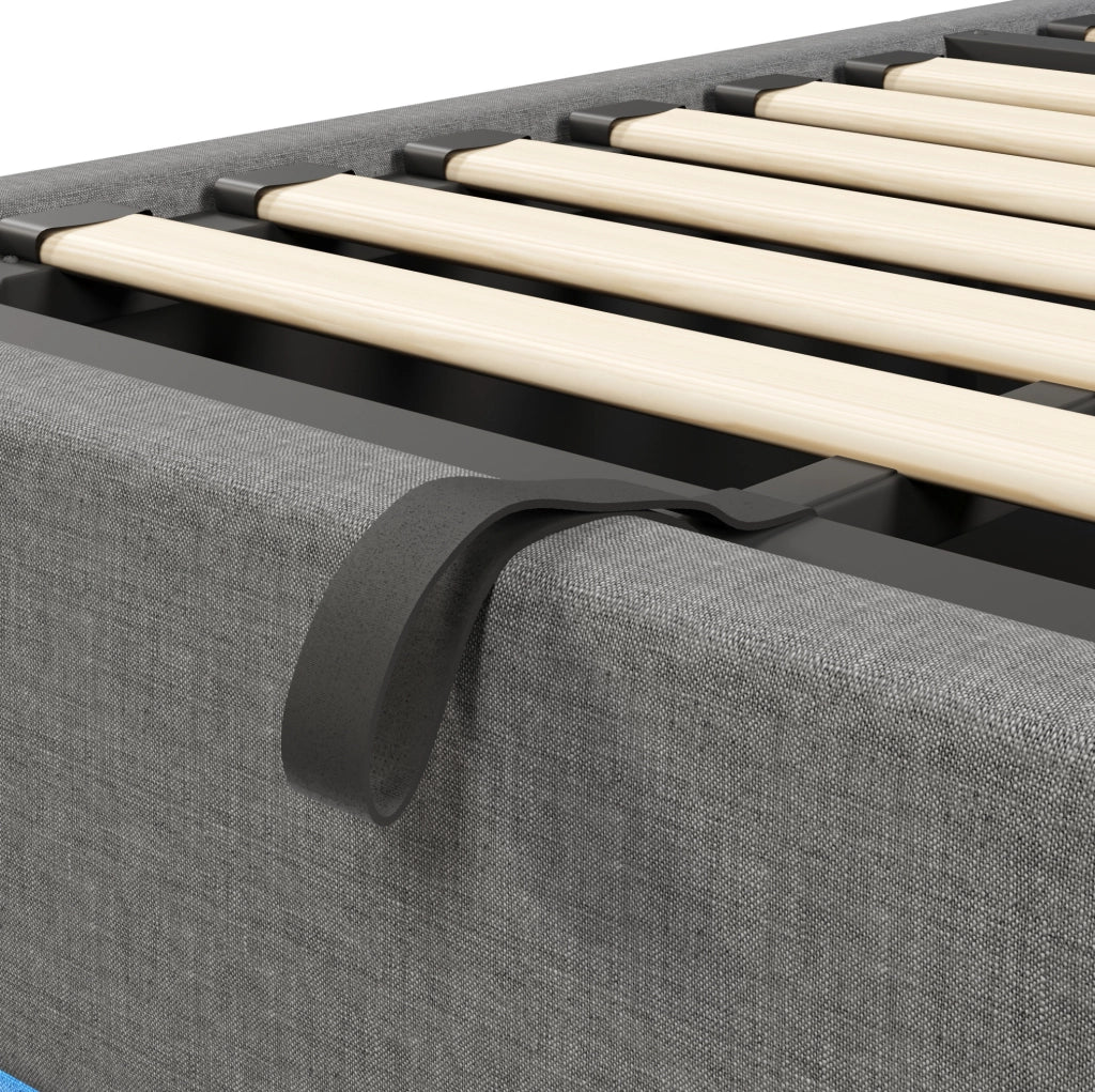 Letto imbottito 90x200 cm in lino grigio con contenitore idraulico; LED e porte USB