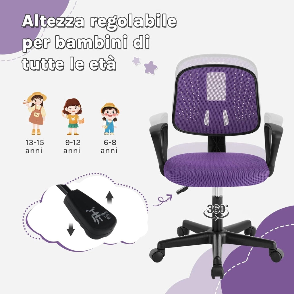 Sedia da Scrivania per Bambini, Sedia da Studio Girevole, Ergonomica con Ruote, Tessuto a Rete Traspirante, Sgabello Girevole con Schienale Regolabile Automaticamente, Viola