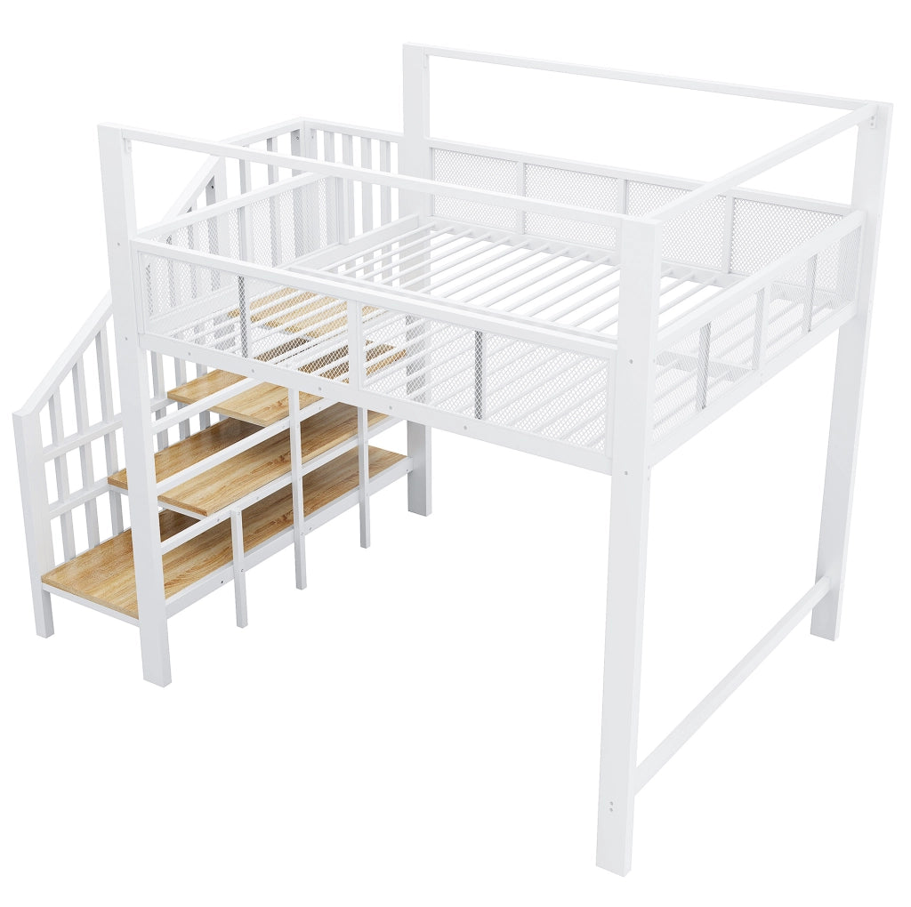 Letto a soppalco 140x200 cm con baldacchino; scala portaoggetti in metallo bianco