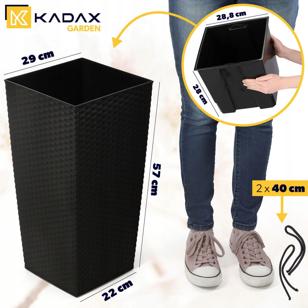 Vaso da giardino KADAX con inserto per fiori, grande e alto, 29x57 cm, nero.