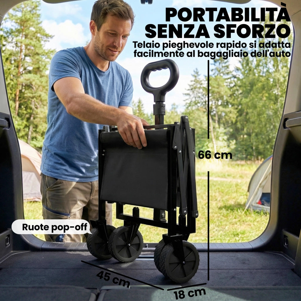 Carrello da Giardino Pieghevole da 60L con Ruote e Lato Apribile. Nero