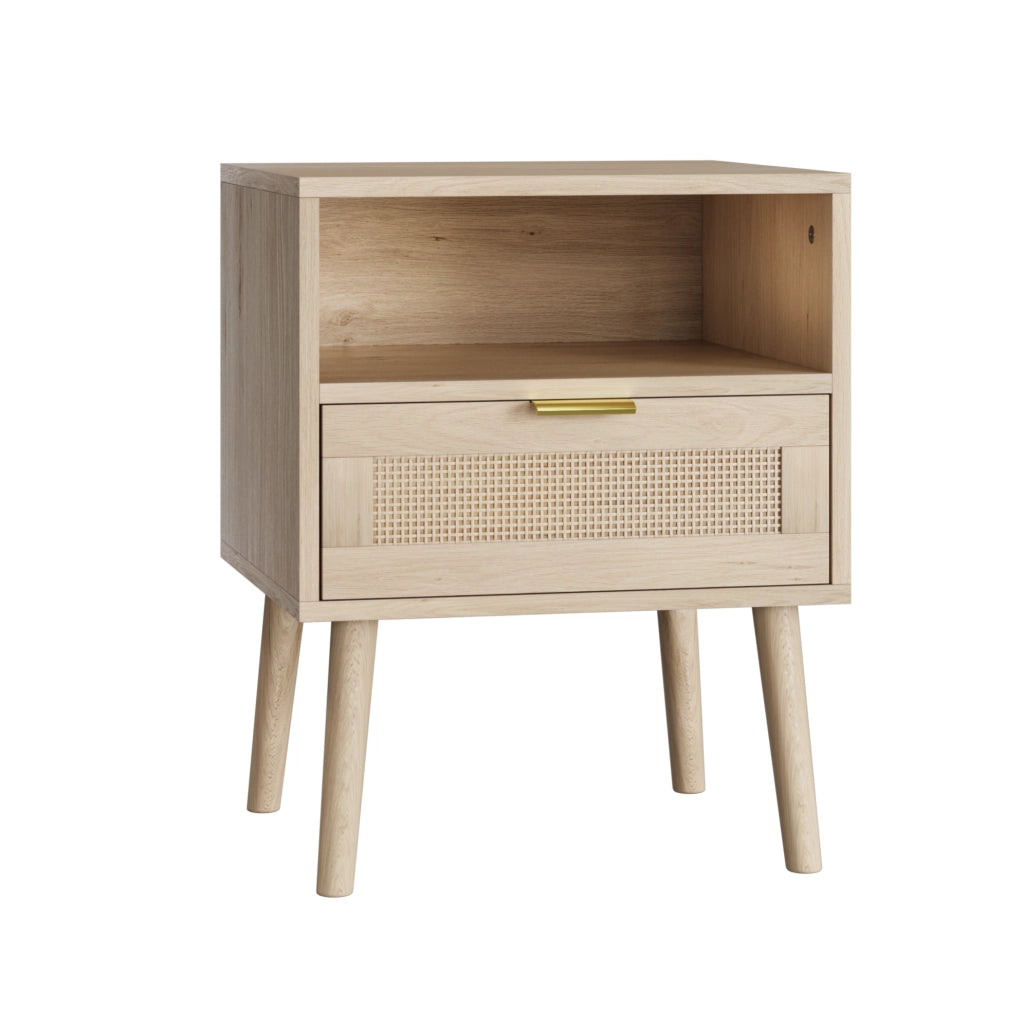 Comodino 45x40x55 cm rovere in MDF e rattan, cassetto e vano aperto