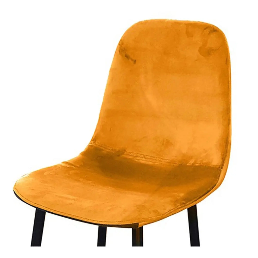 Set di 4 sgabelli LOLY, seduta e schienale in velluto giallo, struttura in metallo nero.