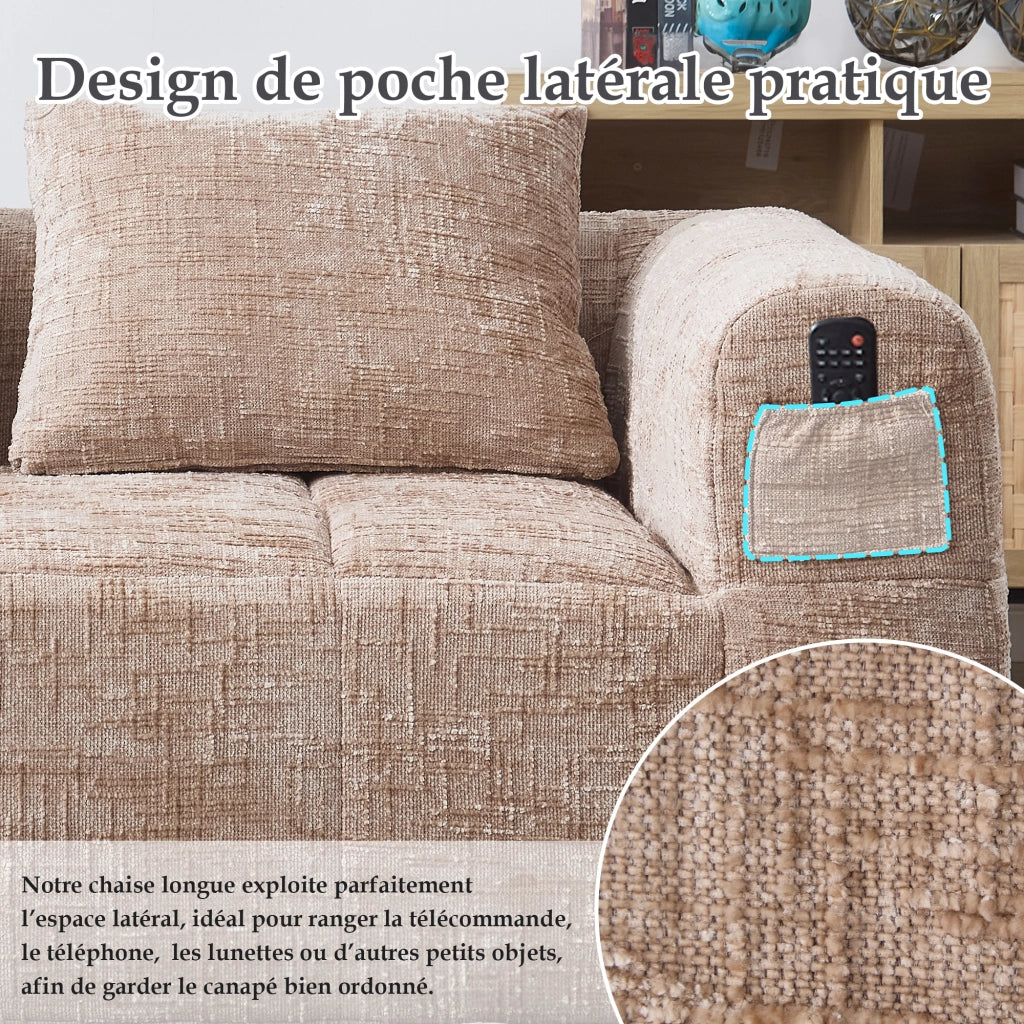 Divano Lineare 2 Posti con Tasche Laterali e Cuscino Comfort Imbottitura a Ritorno Rapido Design Moderno in Ciniglia Color Cachi