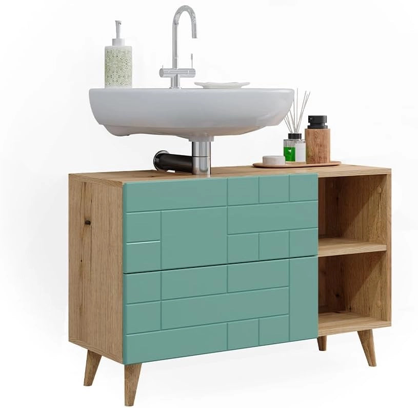 Mobile sottolavabo per bagno Rudi, Verde menta, 90 x 59 cm con 2 cassetti, con meccanismo push-to-open e struttura combinabile