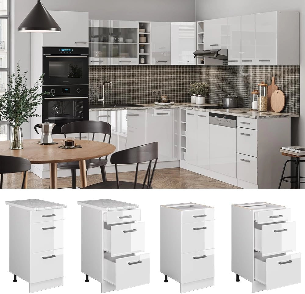Mobiletto base per cucina R-Line, Bianco lucido, 40 cm con cassetti PL Marmo, per la libera combinazione all'interno di sistemi cucina modulari