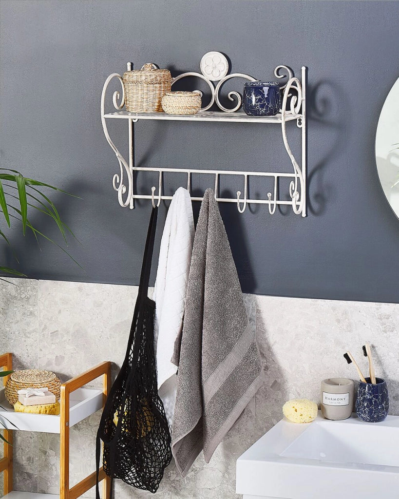 Mensola da parete per bagno in metallo bianco 42 x 47 cm Ripiano singolo sospeso con ganci effetto anticato in stile vintage