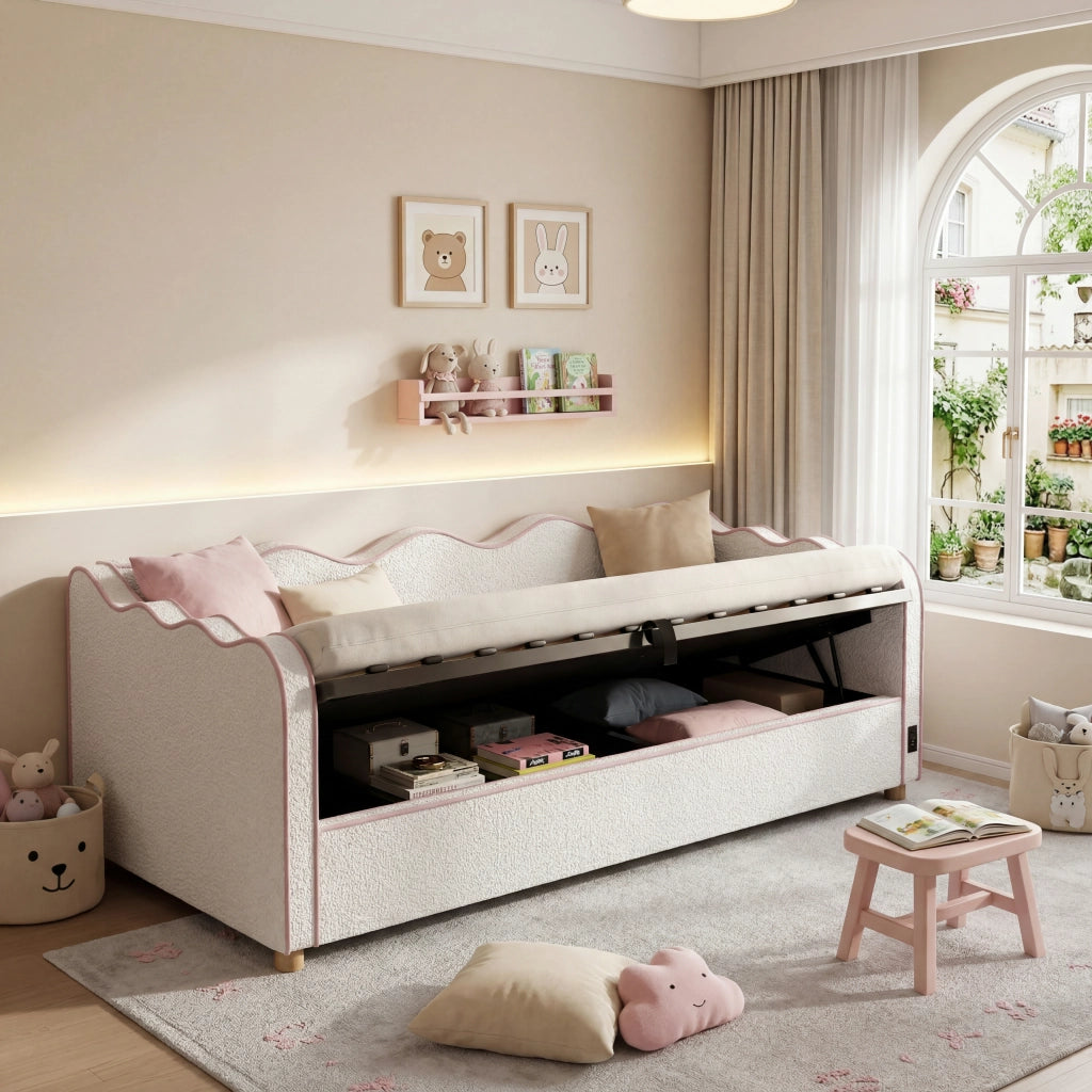 Letto a Divanetto 90x200 cm; Letto Singolo - Contenitore; USB e Type-C; Bouclé Beige