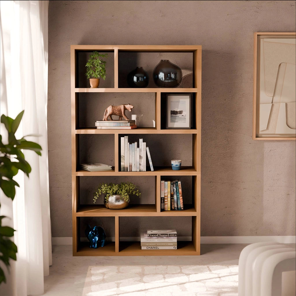 Libreria asimmetrica a 5 livelli con 10 scomparti, albero di mango