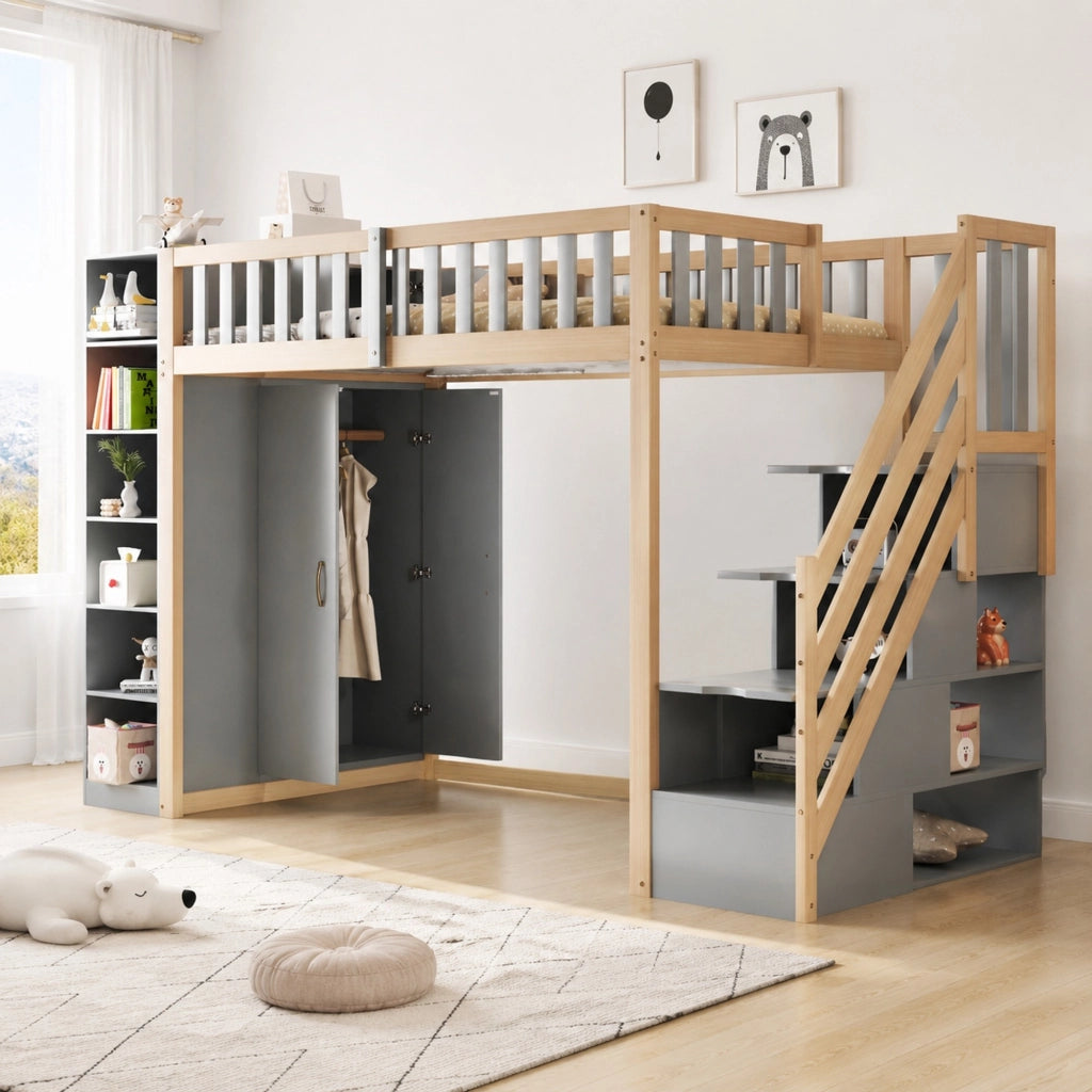 Letto a soppalco 90x200 cm con armadio e scale, grigio
