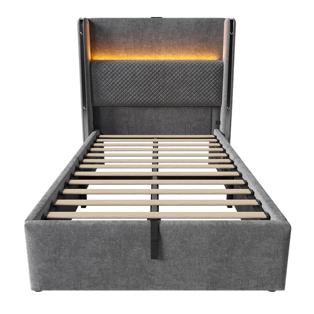 Letto Singolo Moderno 90x200cm - Xylo - Testiera Alta Idraulica LED e USB, Tessuto Lino Grigio