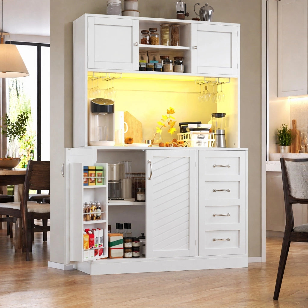 BUFFET 120x40x188 cm in MDF Bianco con LED, 4 ante e cassetti
