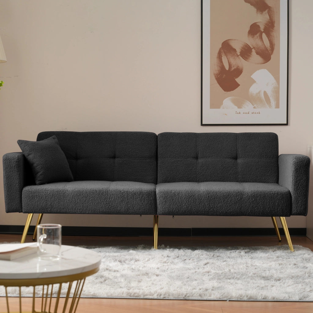 Divano Letto 2 Posti Convertibile Schienale Regolabile 105-180° con Cuscini e Tasche Laterali Struttura Legno in Sherpa Grigio Antico