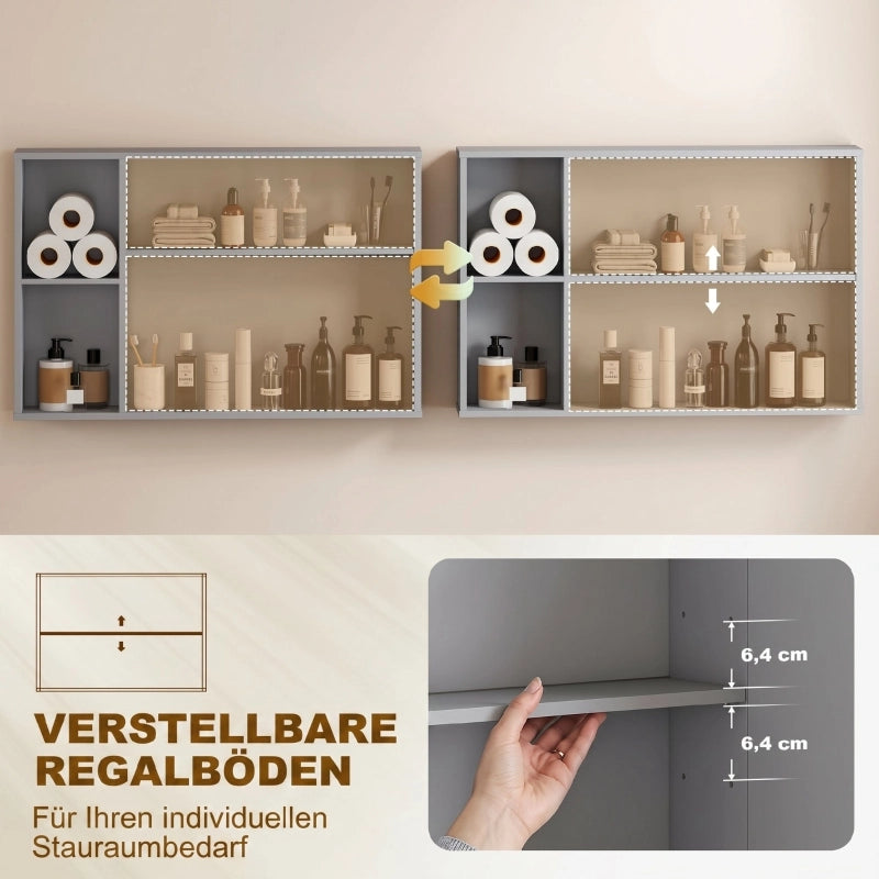 Mobiletto da bagno a parete con specchio, armadietto per medicinali con 3 ante e ripiani regolabili, colore grigio.