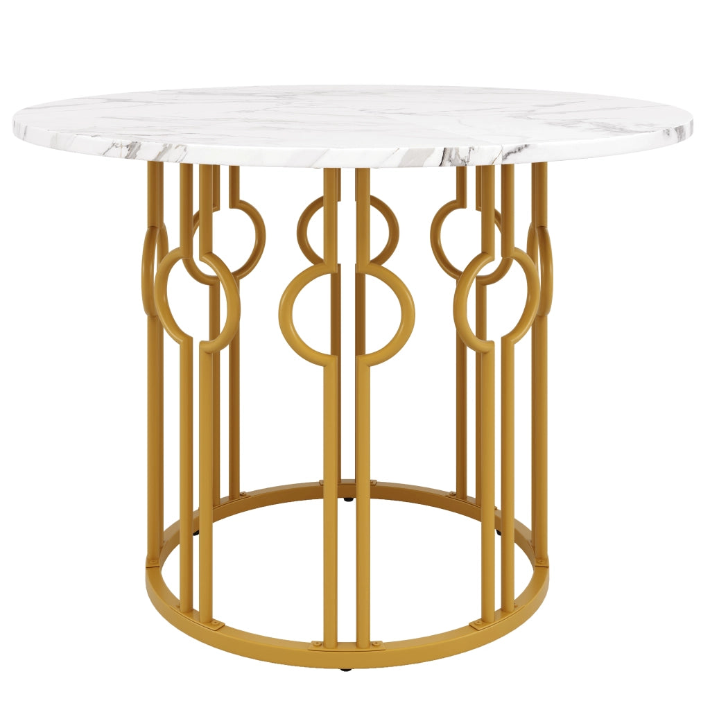 Tavolo da pranzo rotondo con piano in MDF e gambe in ferro, piedini regolabili, per cucina e soggiorno, bianco dorato, 100 × 100 × 76 cm