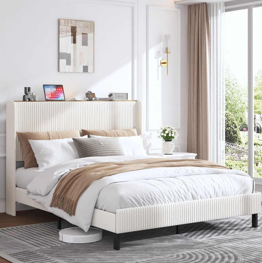 Letto imbottito 160x200 cm con struttura in metallo e montaggio facile in velluto a coste beige e crema