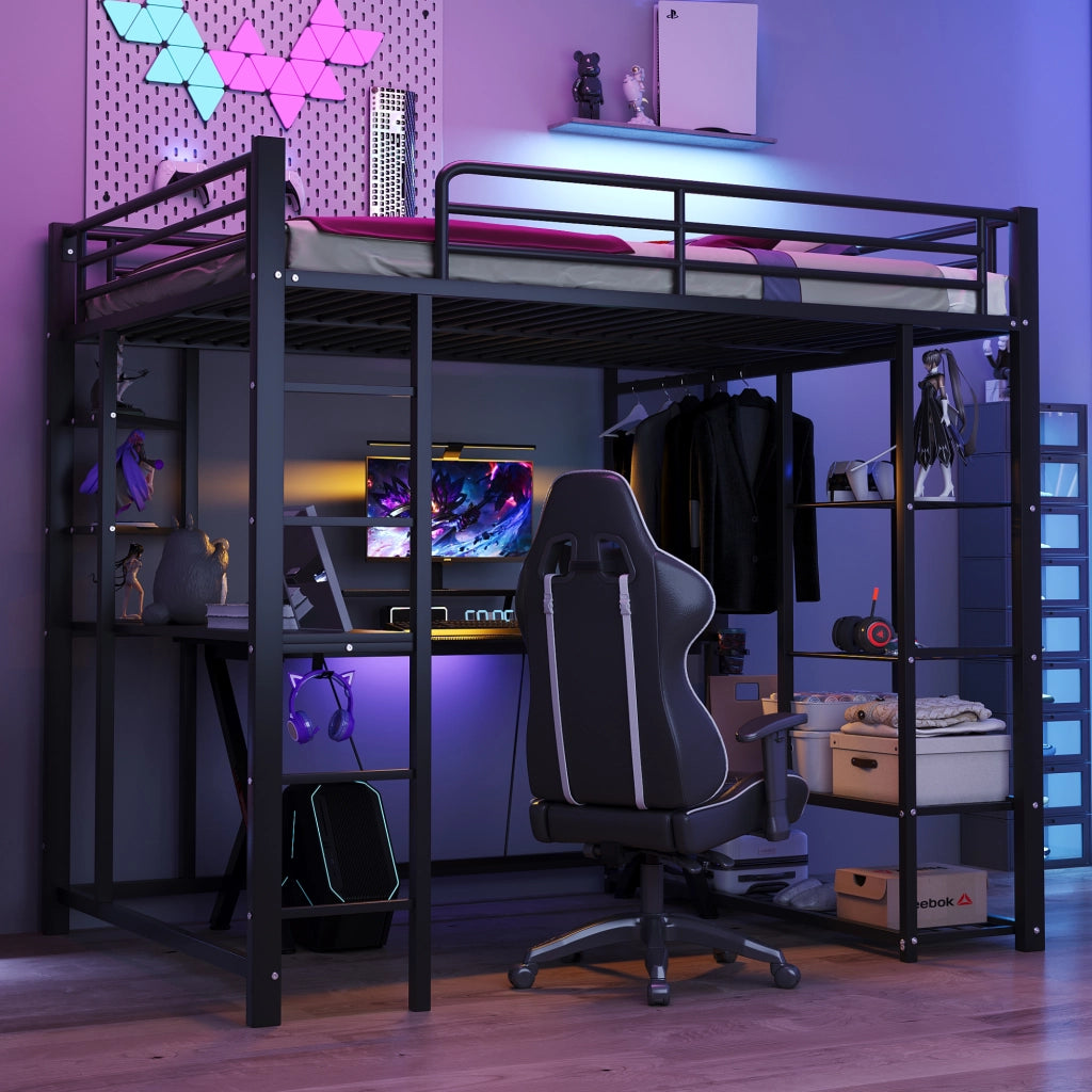 Letto a castello doppio nero con funzione scrivania e appendiabiti in metallo 140x200 cm