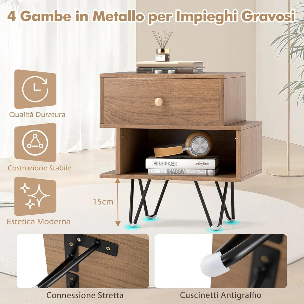 Set di 2 Comodini, Tavolino Moderno con Cassetto Rimovibile, Scomparto Aperto e Gambe in Metallo, Mobile per Camera da Letto, Soggiorno e Ufficio, Naturale
