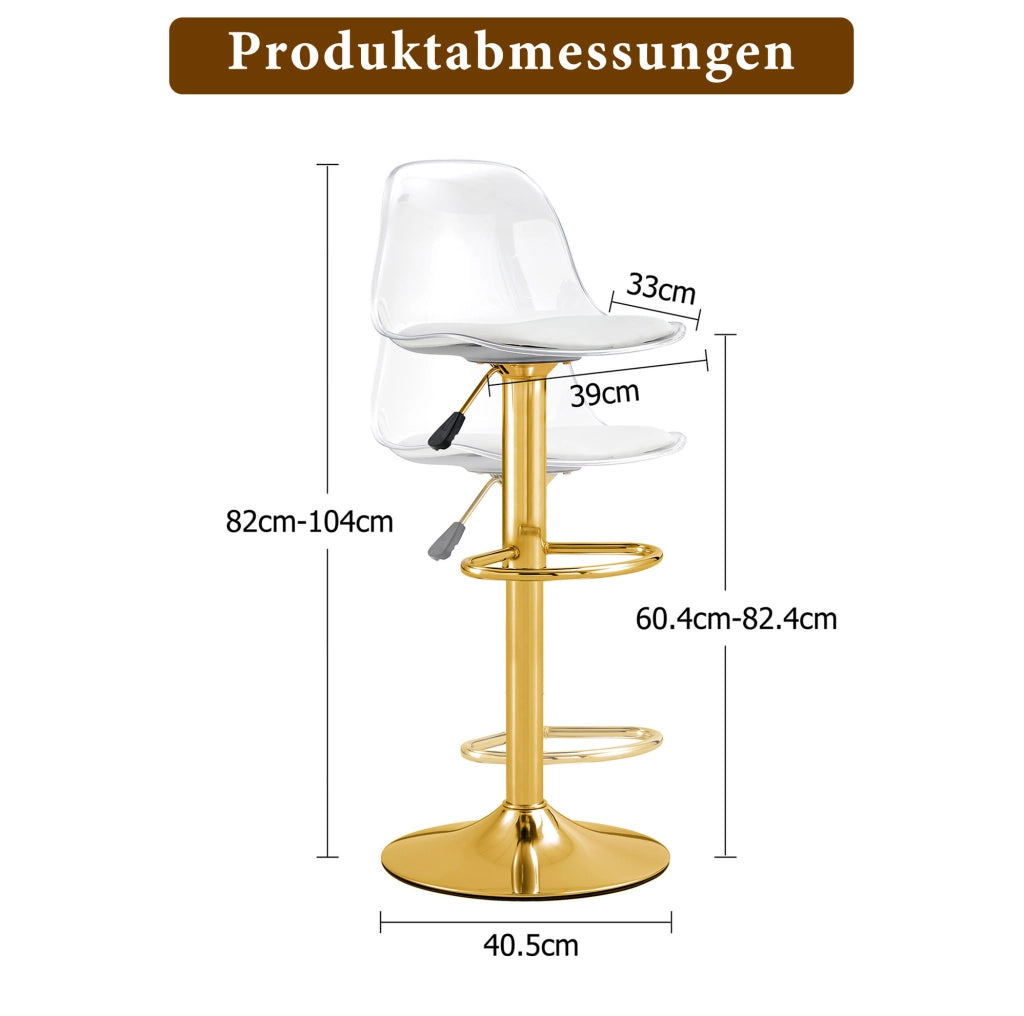 Set di 2 sgabelli da bar regolabili 82-104 cm, oro e trasparente, girevoli