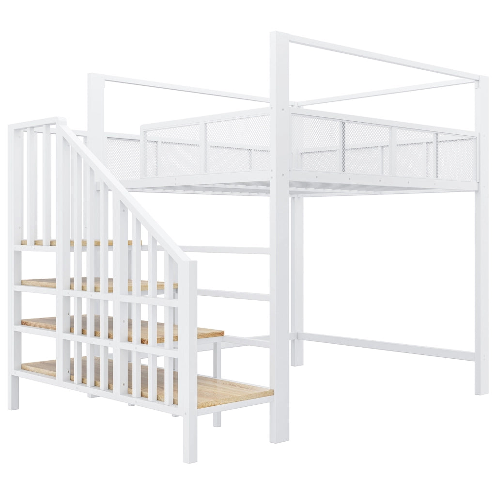 Letto a soppalco 140x200 cm con baldacchino; scala portaoggetti in metallo bianco