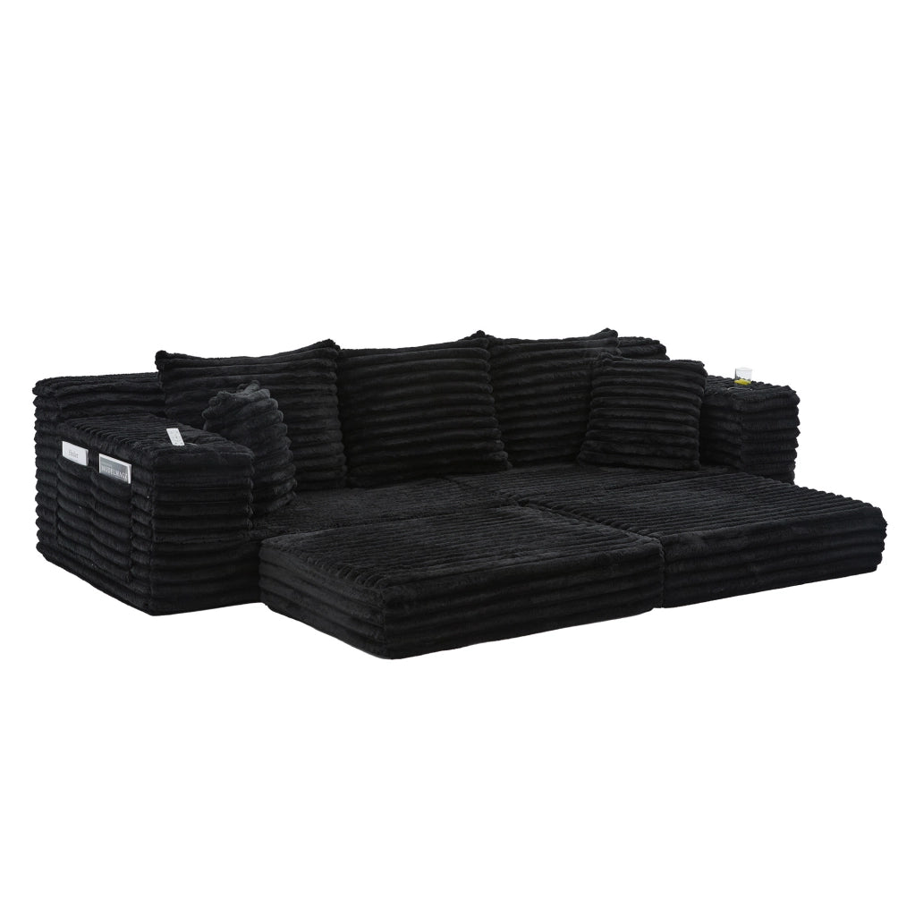 Divano letto 273x98x87 cm in velluto a coste nero con tasche e portabevande