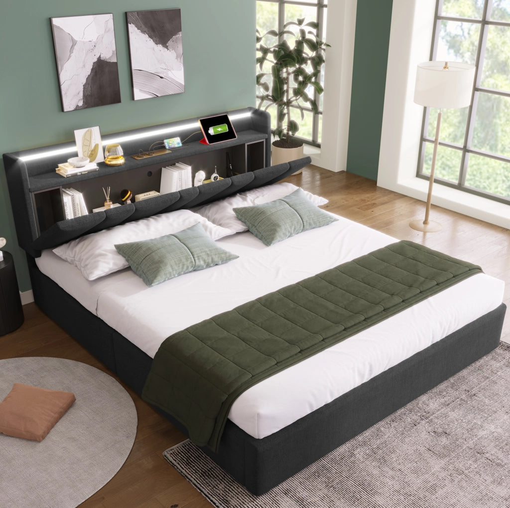 Letto contenitore 140x200 cm con testiera con prese e LED RGBW in lino grigio