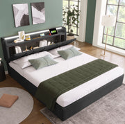 Letto contenitore 140x200 cm con testiera con prese e LED RGBW in lino grigio