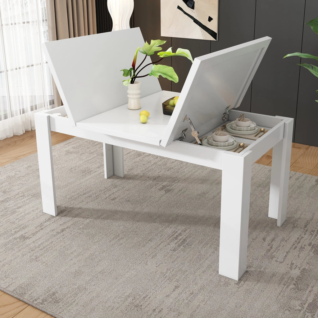 Tavolo da pranzo con piano ribaltabile e vano contenitore stile moderno per sala da pranzo e cucina in MDF bianco 120 × 70 cm