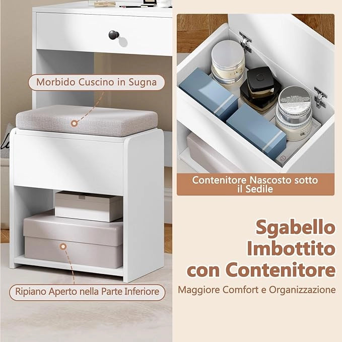 Set Tavolo da Toeletta con Luci, Set Tavolo e Sgabello con Stazione di Ricarica, Ripiano Regolabile, Luci a 3 Colori, Cassetto, Consolle Toeletta con Sgabello Portaoggetti, 90 x 40 x 135,5 cm