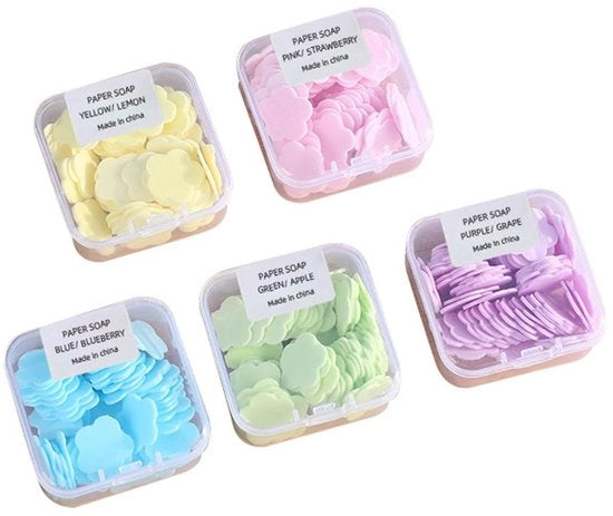 Set di 5 Dozzine Mini Strisce di Sapone - Portatile - Opacos e Schiumanti - Sicuri e Ecocompatibili - Biodegradabili - Varie Fruiture - Sapone da Viaggio