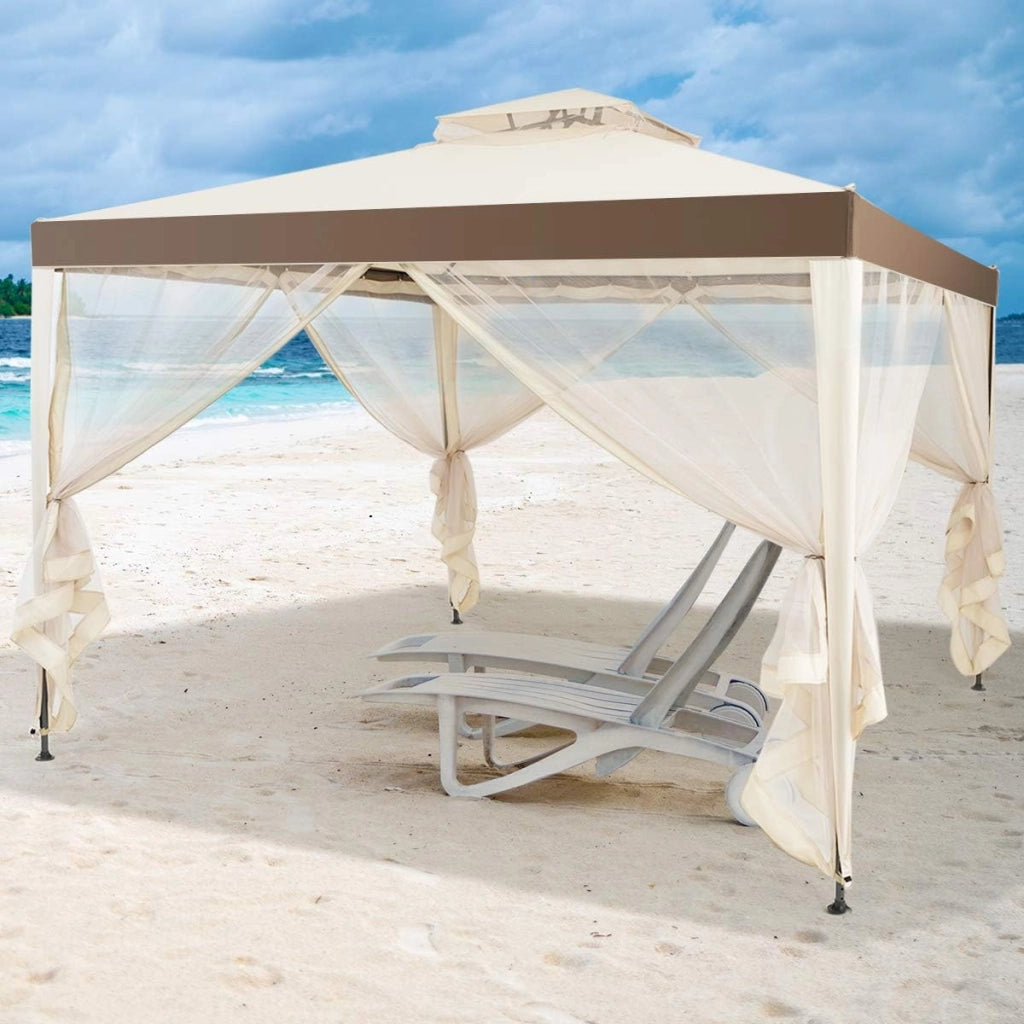 Gazebo da 3 x 3 m, con Doppio Tetto, Tenda da Giardino con Tenda e Pannelli Laterali e Rete, in Metallo, Tenda Gazebo da Esterno Impermeabile e Stabile, Beige