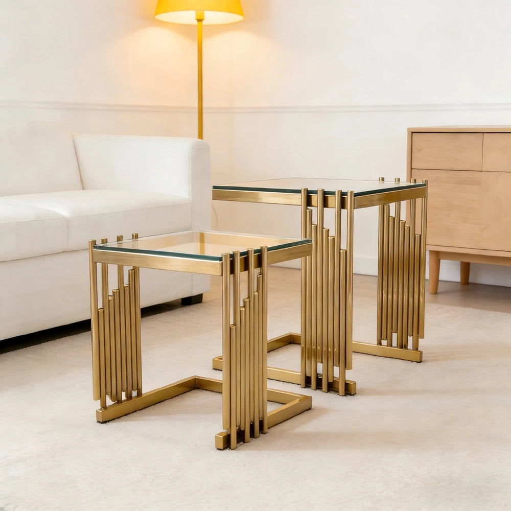 Tavolino da Salotto Set 2 Pezzi ¨C MINIMAL ¨C Vetro Temperato, Gambe in Acciaio Dorato