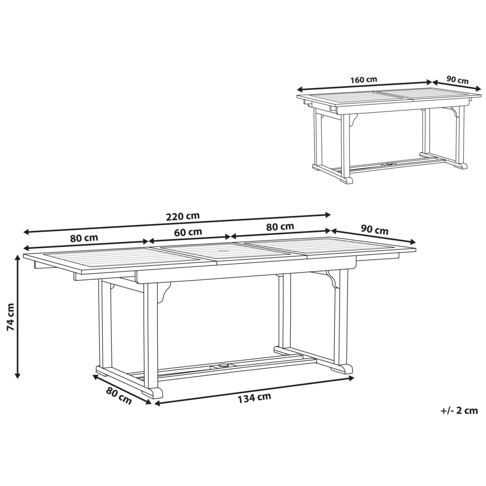 Tavolo da pranzo per esterno in legno di acacia scuro 160/220 x 90 cm piano allungabile